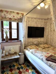 a bedroom with a bed and a flat screen tv at Art Maison Krumlov in Český Krumlov