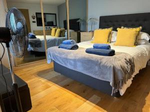 ホルトにあるModern 1-Bed Hideaway Heart of Holtのベッドルーム(青い枕と鏡付きのベッド1台付)