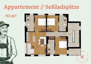 a floor plan of a house with a man standing in front of it at FRANZ alpine living - Apartments in Sankt Anton am Arlberg