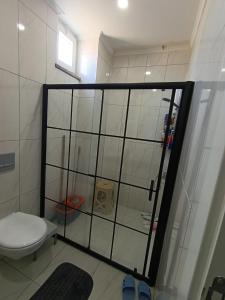 a bathroom with a toilet and a glass shower door at side side in Side +11 photos