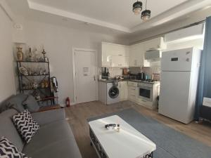 a living room with a couch and a kitchen at side side in Side