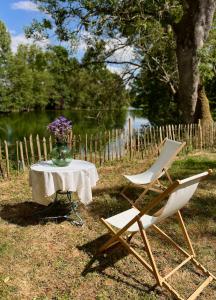 a table and a chair and a vase with flowers at Une jolie Maison en bois au bord de l'Indre in Montbazon