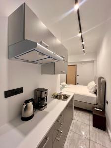 a kitchen with a sink and a bed in a room at Family Luxury Suite by Zeus Suites in Athens