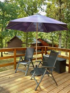 two chairs and an umbrella on a deck at South Soul Cottage in Somme-Leuze