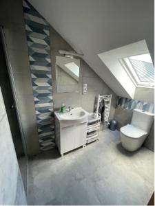a bathroom with a sink and a toilet and a skylight at VISTA Necko - apartament nad jeziorem Augustów in Augustów +106 photos