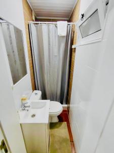 a bathroom with a toilet and a sink and a shower at Brincalquimia in Setúbal +10 photos