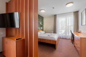 ein Zimmer mit einem Bett, einem Schreibtisch und einem Fernseher in der Unterkunft Wellness Hotel Thermal in Štúrovo
