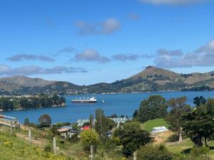 a large boat in a large body of water at Harbour Hideaway in Dunedin