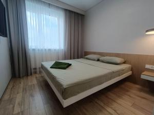 ein Schlafzimmer mit einem Bett und einem großen Fenster in der Unterkunft ЖК Аржанова in Dnipro