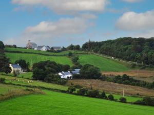 a green hillside with houses and sheep in a field at Church Bray View, Dunfanaghy in Dunfanaghy