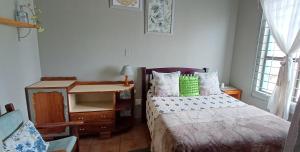 a bedroom with a bed and a desk and window at Oceanic Flashpackers accommodation in East London