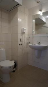 オブゾルにあるОбзор Бийч Апартаменти - Obzor Beach Apartmentsのトイレ、洗面台、鏡のあるバスルーム