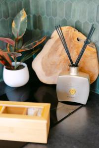 a counter top with a box and a blender and a plant at Signature Balneary, Spa & Sauna in Deauville