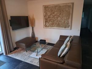 a living room with a brown couch and a tv at Appartement Villa du Golf & SPA in Payerne