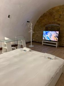 a bedroom with a large white bed and a tv at La Palma Cave in Cluj-Napoca