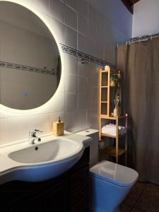 a bathroom with a sink and a mirror and a toilet at Casa Petra in Morillo de Monclús +26 photos
