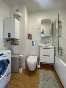 a bathroom with a toilet sink and a washing machine at Apartament Bałtycki in Jastrzębia Góra