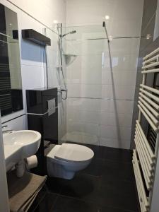 a bathroom with a toilet and a glass shower at Komfort Noclegi in Blizne Jasińskiego