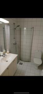 a bathroom with a shower and a toilet and a sink at Joy Vulcan Center apartment in Oslo