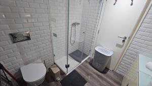 a bathroom with a toilet and a glass shower at A Proa do Moliceiro Canal da Ria Lagoon Views in Aveiro