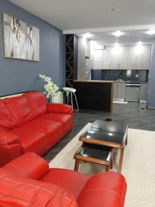 un salon avec un canapé rouge et une table dans l'établissement Logement idéal pour vos séjours - 8ème étage avec ascenseur, à Birmandreis