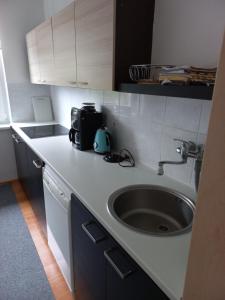 Una encimera de cocina con fregadero y microondas. en Paradise villa apartment, en Praga 37 fotos más
