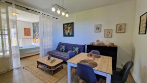 un salon avec un canapé bleu et une table dans l'établissement Cocon Thermal, appartement cosy 2 à 4 pers, proche Centre et Thermes, à Bagnères-de-Bigorre