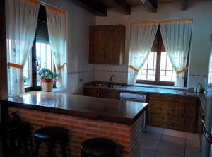 eine Küche mit einer Theke und 2 Fenstern in der Unterkunft Casa Rural Rosa in Villafruel