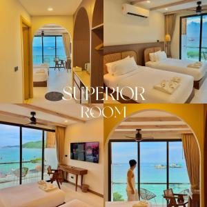 a collage of three pictures of a hotel room at ENNKAI Beachfront Resort Koh Larn in Pattaya Central