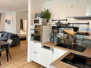 a kitchen and living room with a counter top at Möwennest in Nienhagen