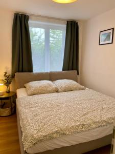 a bed with two pillows in front of a window at Möwennest in Nienhagen