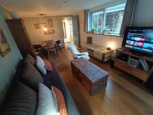a living room with a couch and a tv at KNUS tiny gardenhouse in Doorn