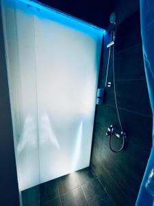 a bathroom with a shower with a white door at Hera Luxury Suite by Zeus Suites in Athens