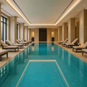 a large swimming pool with lounge chairs in a hotel at Enad Place in Amman
