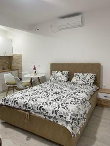 巴尔Apartmani Rajkovic的一间卧室，里面有一张大床和一张桌子。