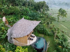 an aerial view of a hut with a swimming pool at Avina Stays - Neve's Bamboo houses in Selat
