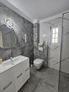 a bathroom with a toilet and a sink and a shower at Green Hill Villa in Corneşti