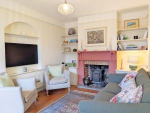 a living room with a fireplace and a tv at Brambletye Cottage - Westbourne in Westbourne