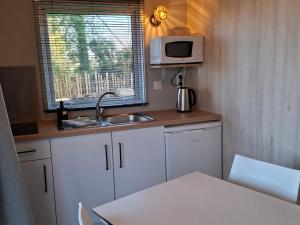 a small kitchen with a sink and a microwave at Les Cabanes d'Isa - Cab'Fer in Flexanville