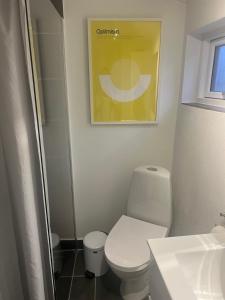 海斯勒Solskinshuset的一间带卫生间的浴室和墙上的照片