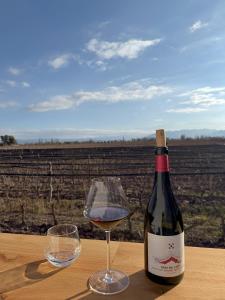 a bottle of wine and a glass on a table at Boutique Hotel Bodega CICLO ANDINO in Perdriel