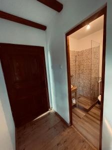a bathroom with a door and a walk in shower at Dobál Vendégház in Lunca de Sus