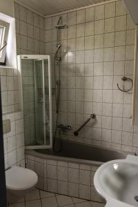 a bathroom with a shower and a toilet and a sink at Ferienhaus40 Blumenthal in Blumenthal +17 photos