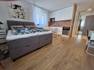 a large bedroom with a large bed and a kitchen at Apartmani i sobe Martina 2-Self check in in Osijek