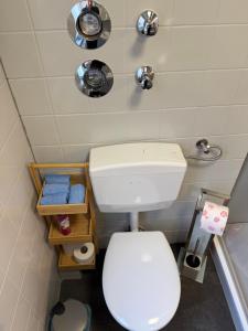 ein kleines Bad mit einem weißen WC und Handtüchern in der Unterkunft Mediterran Apartments-Cabernet Sauvignon in Fulda
