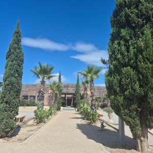 a building with palm trees and a walkway at Mobil Home Cosy Plage à 50 m Camping 5 in Torreilles +37 photos