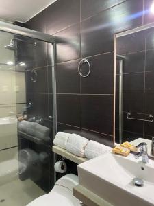 a bathroom with a toilet and a sink and a shower at LA FAMILIA NASCA HOUSE in Nazca +38 photos