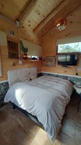 a bedroom with a large bed in a cabin at Entre Cerros Tiny House Única in Moquehue