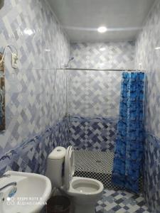 a bathroom with a toilet and a blue shower curtain at Humo Hotel and Restaurant in Bŭston