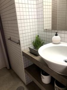 タヴィラにあるCasa rústica com jardim privadoの白い洗面台と鏡のあるバスルーム +17枚の写真